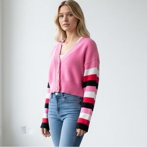 Daisy Cropped Cardigan Multicolored V Neck Button Sweater- Long Sleeves (Size L)